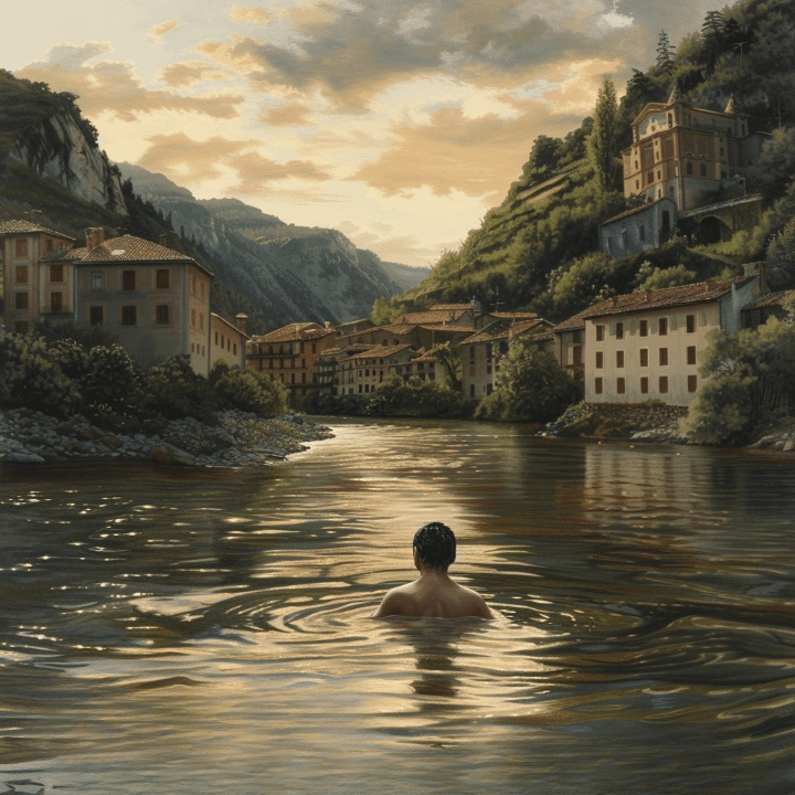 Francisco nadando en el río Miera, rodeado de la naturaleza de Liérganes en el siglo XVII.