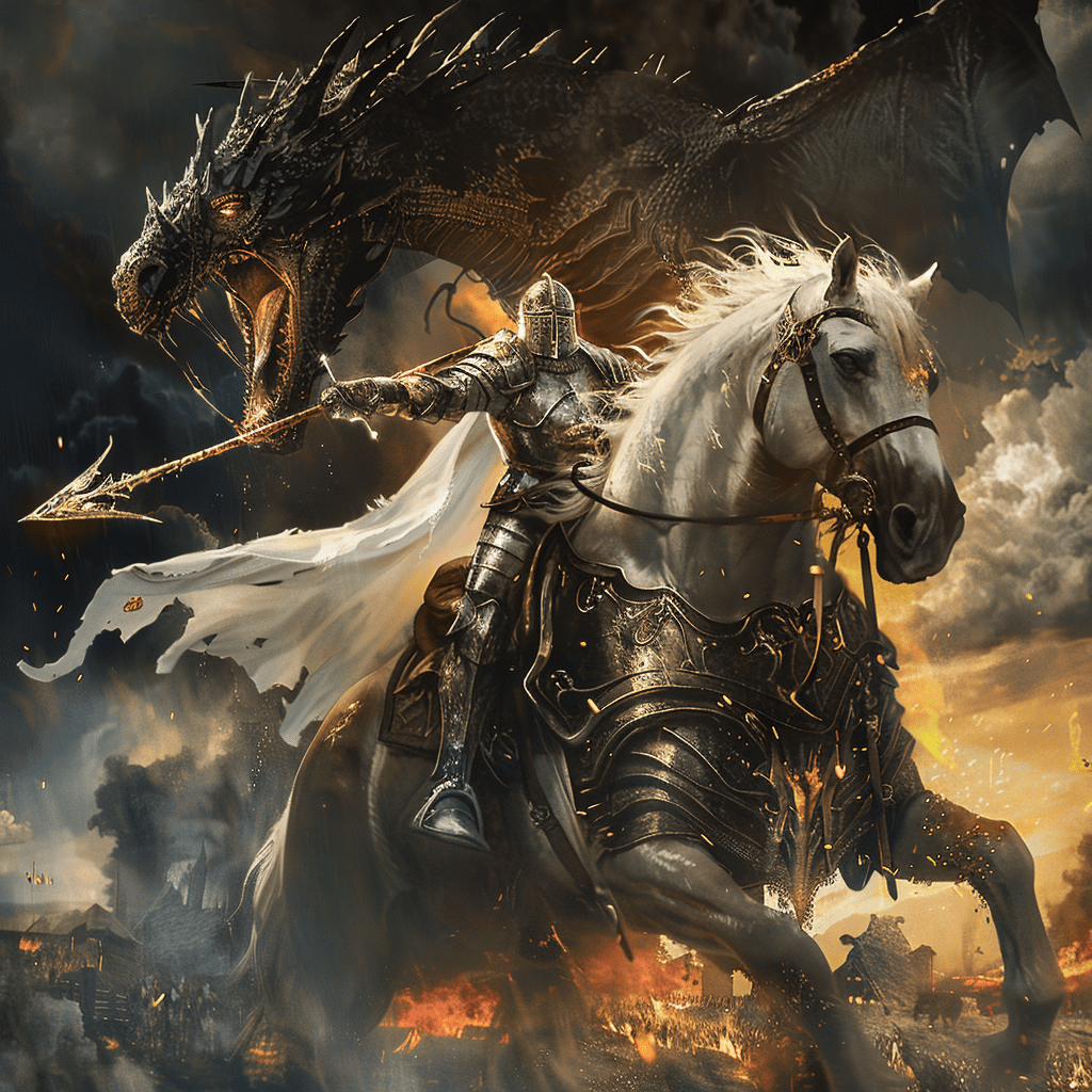 Escena épica que muestra a Sant Jordi, un caballero medieval con armadura plateada y lanza dorada, enfrentándose a un dragón gigante que exhala fuego, simbolizando la lucha del bien contra el mal. El cielo tormentoso y el pueblo en llamas intensifican la atmósfera heroica de la leyenda.