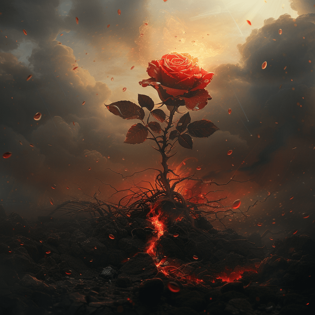 Rosal místico de flores rojas intensas creciendo en tierra quemada, rodeado por una luz dorada suave y un cielo dramático con nubes. Gotas de líquido rojo en el suelo sugieren el vínculo con la leyenda de Sant Jordi.