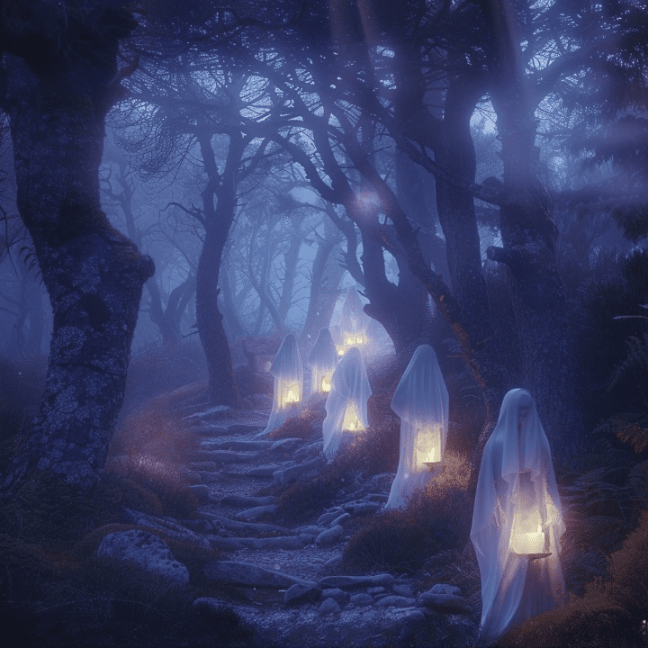 Un bosque rural gallego en la noche, envuelto en niebla densa, con figuras espectrales en túnicas blancas portando velas encendidas en procesión. Un camino de piedra antiguo guía la escena bajo un misterioso resplandor lunar."