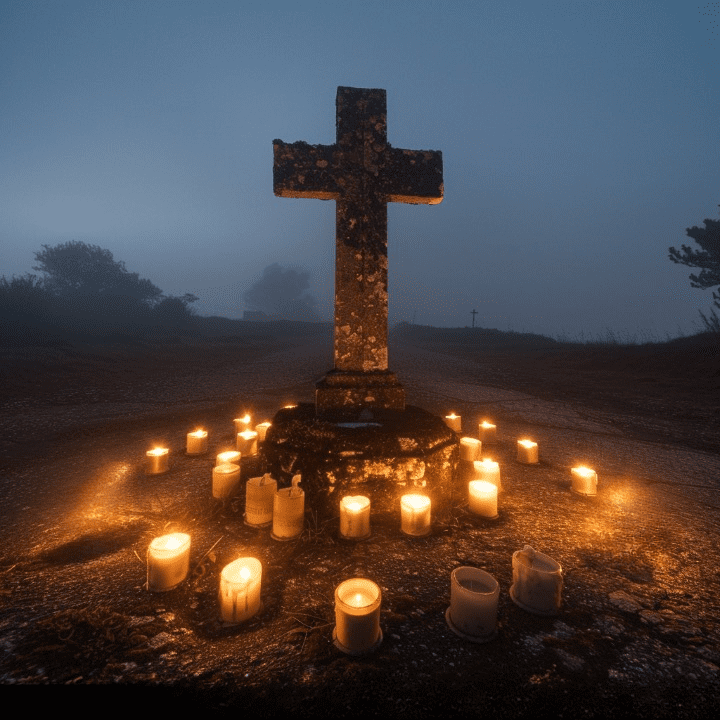 "Una encrucijada rural gallega con una cruz de piedra y velas encendidas, envuelta en una atmósfera de niebla y misterio, donde se percibe una figura fantasmal en la distancia."