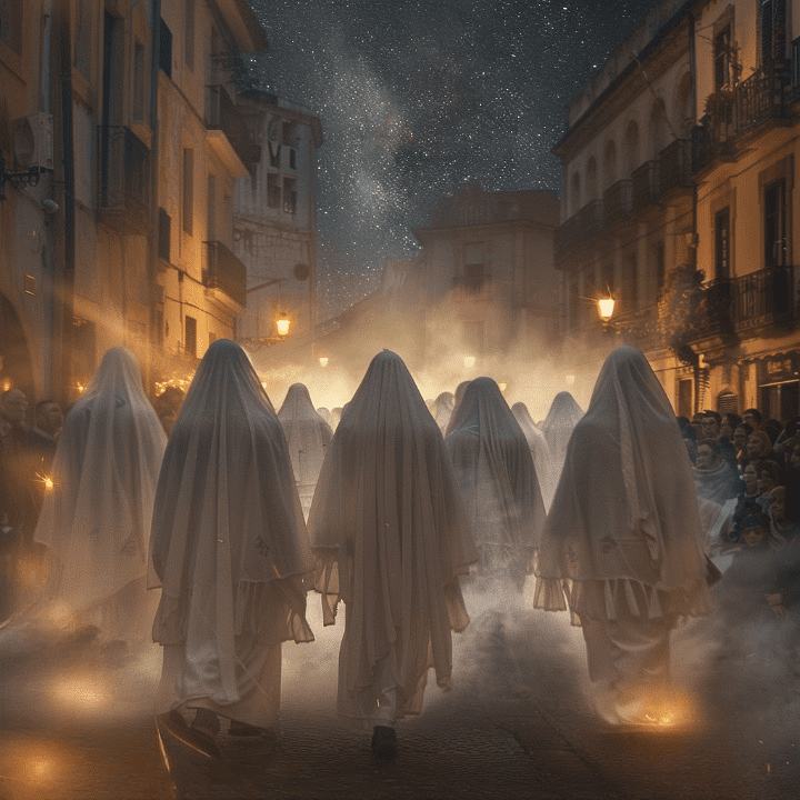 "Festival gallego recreando la Santa Compaña, con figuras en túnicas blancas portando velas entre una multitud bajo un cielo estrellado, fusionando tradición y cultura popular."