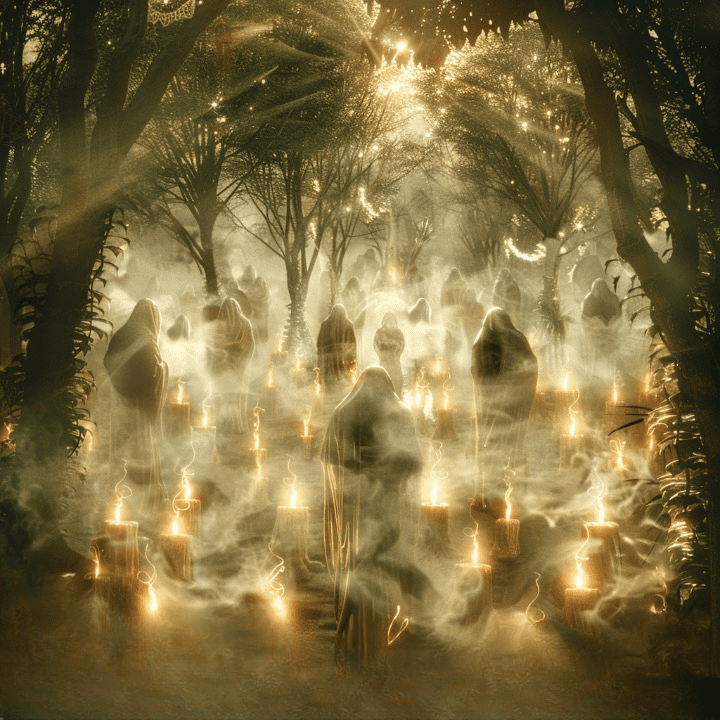 "Representación conceptual de la Santa Compaña, con siluetas fantasmales fusionadas con niebla, árboles y velas encendidas, simbolizando la conexión entre la vida y la muerte."