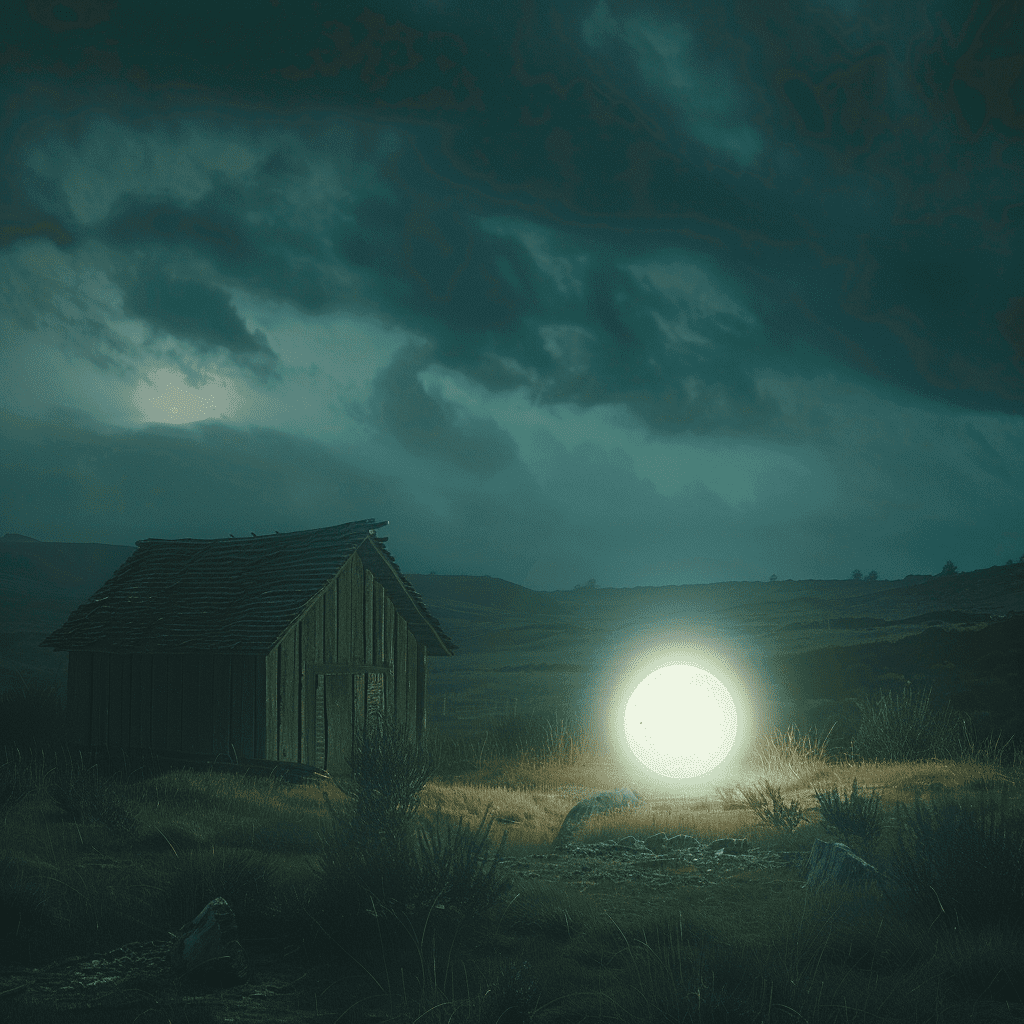 Paisaje nocturno rural con una esfera luminosa que mezcla folclore y misterio, representando la influencia cultural de la Luz Mala.