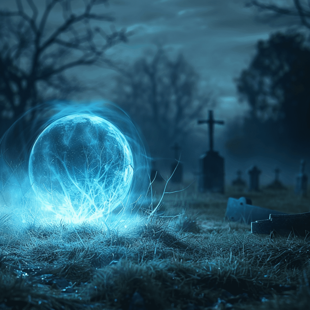 Orbe azul brillante flotando en un cementerio desolado, envuelto en una atmósfera sobrenatural y misteriosa.