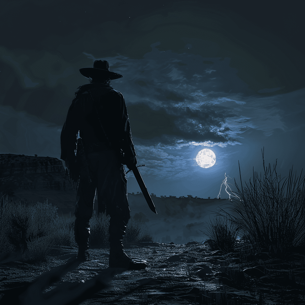 Gaucho mordiendo la vaina de su cuchillo mientras una luz sobrenatural aparece en la distancia, inspirado en la leyenda de la Luz Mala.