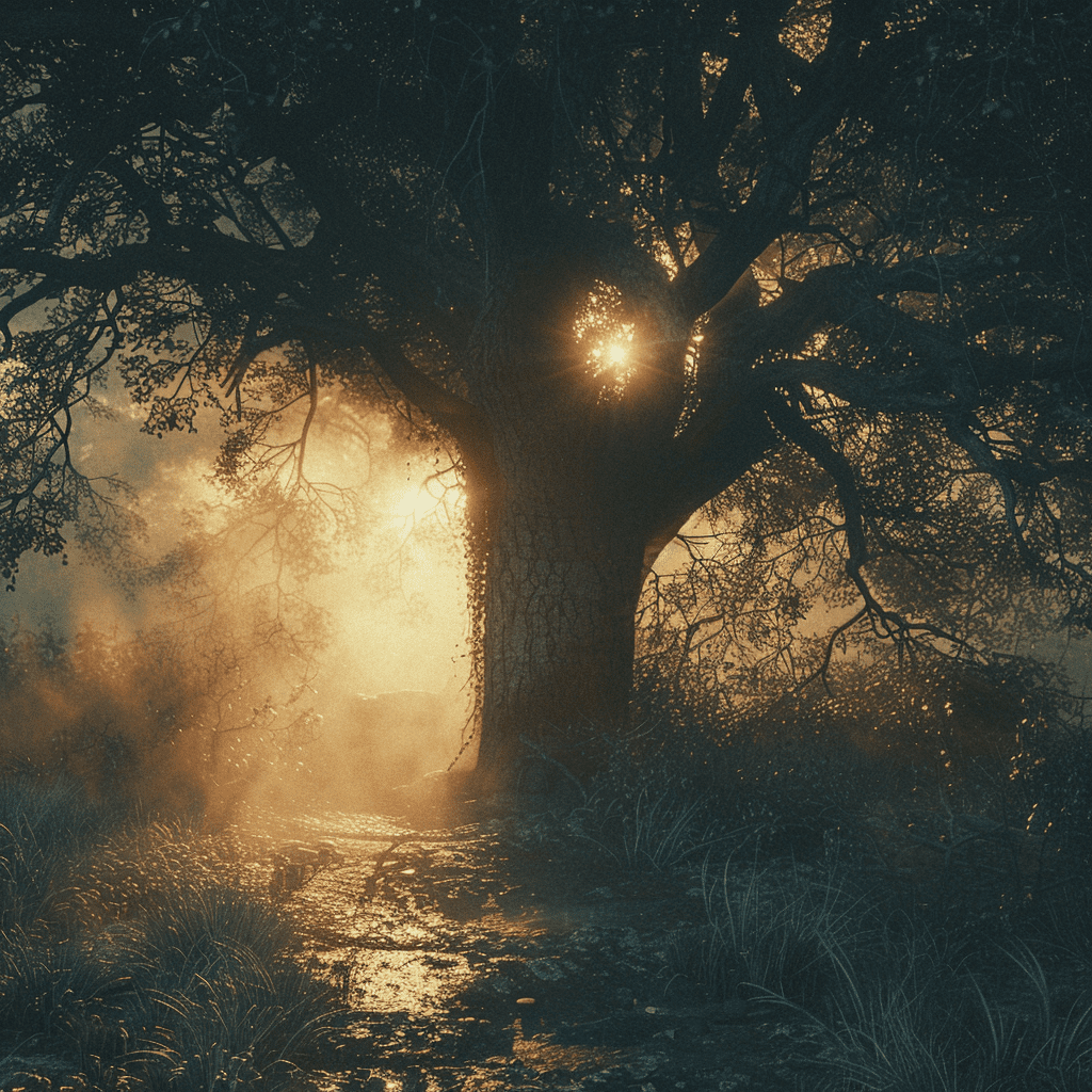Luz sobrenatural emergiendo junto a un árbol antiguo, representando tesoros ocultos y presagios según la leyenda de la Luz Mala.